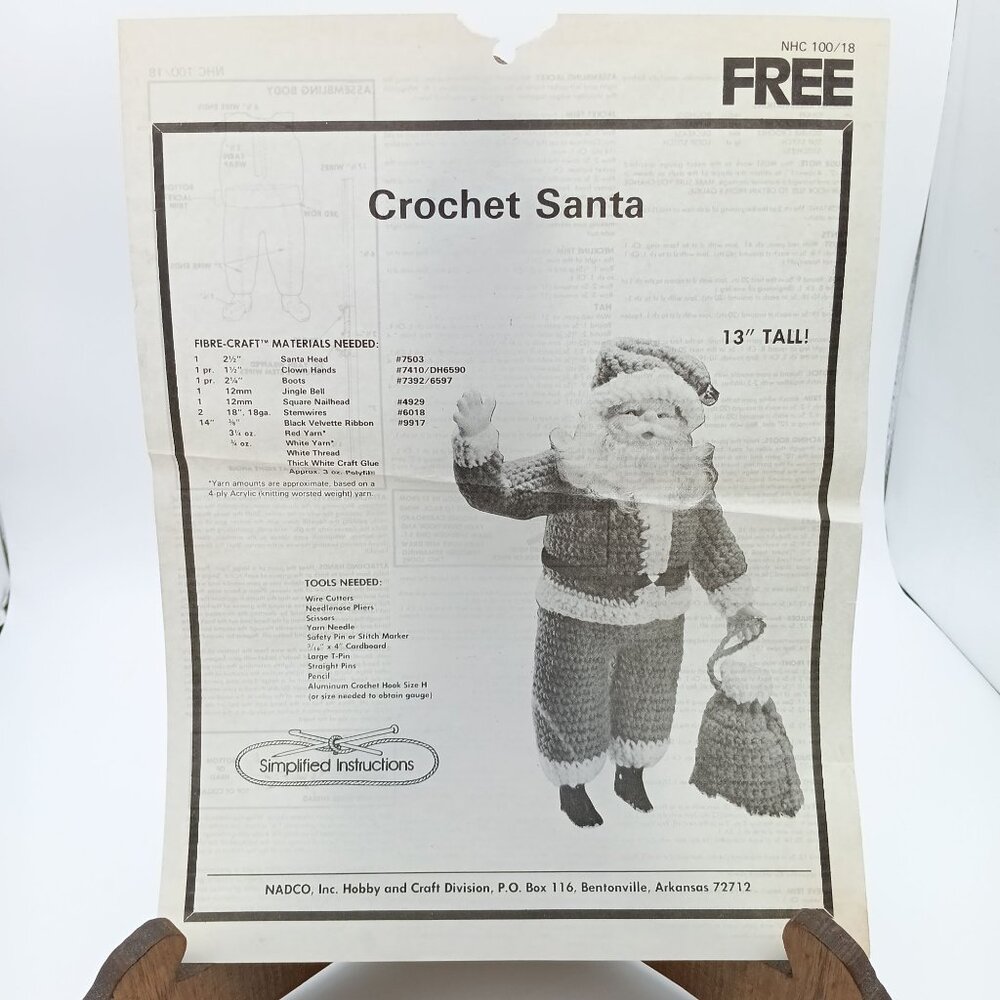 Vintage Crochet Pattern, 13in Santa NHC 100/18 NADCO